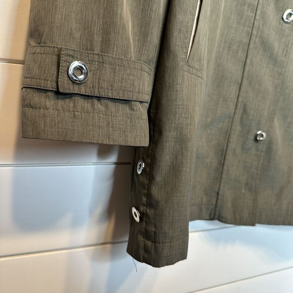 Manteaux Women's Rain Jacket SMALL Green Khaki Zip Snap Hooded Lined Rain Coat - Picture 4 of 11